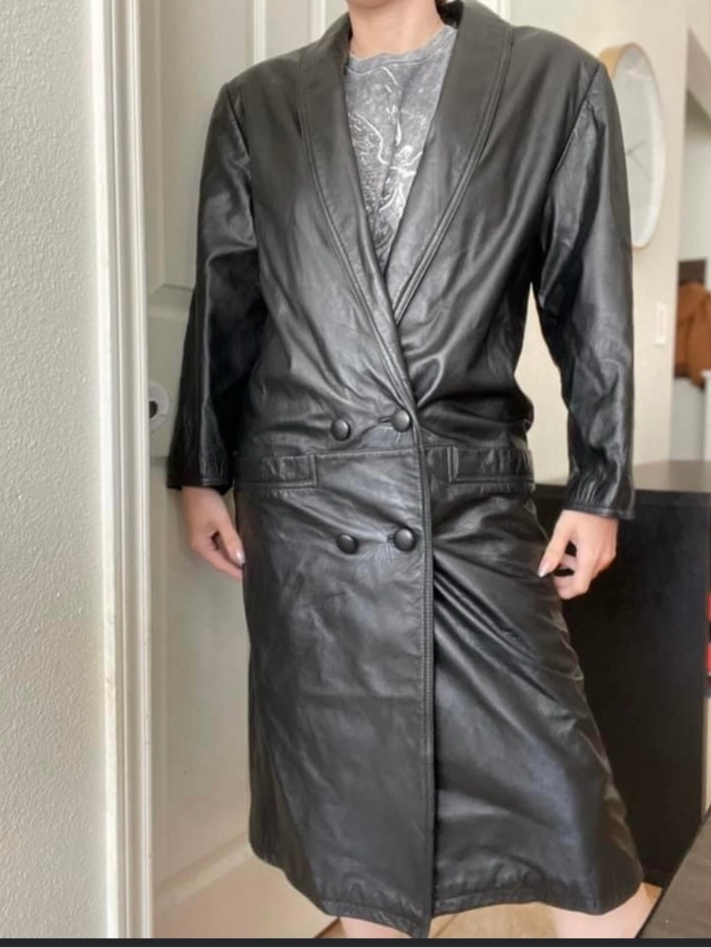 Black Double-Breasted Leather Trench Coat Vintage Sz Petite S Intl leather
